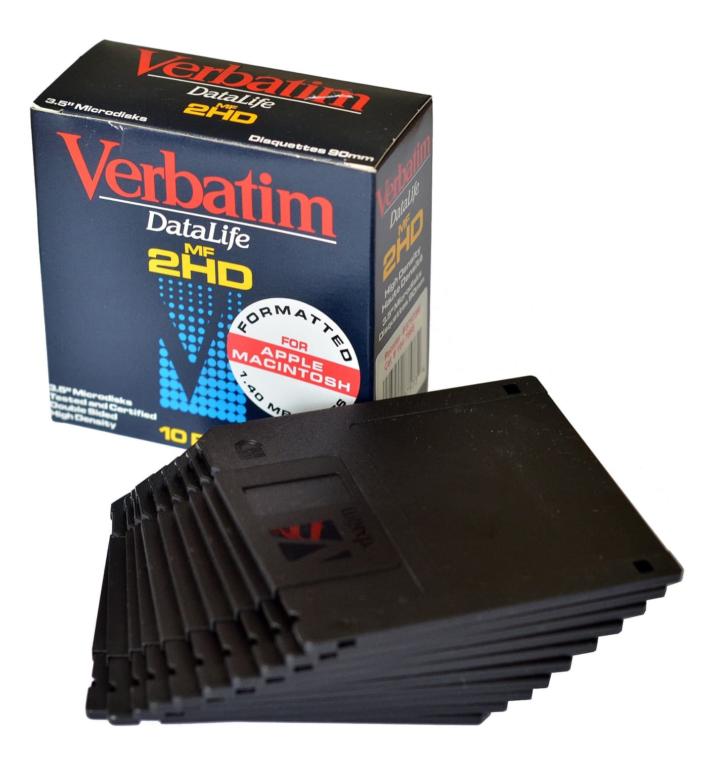 Verbatim diskettes, formatted for Macintosh — 1.4 MB each. Memory became something you mailed.