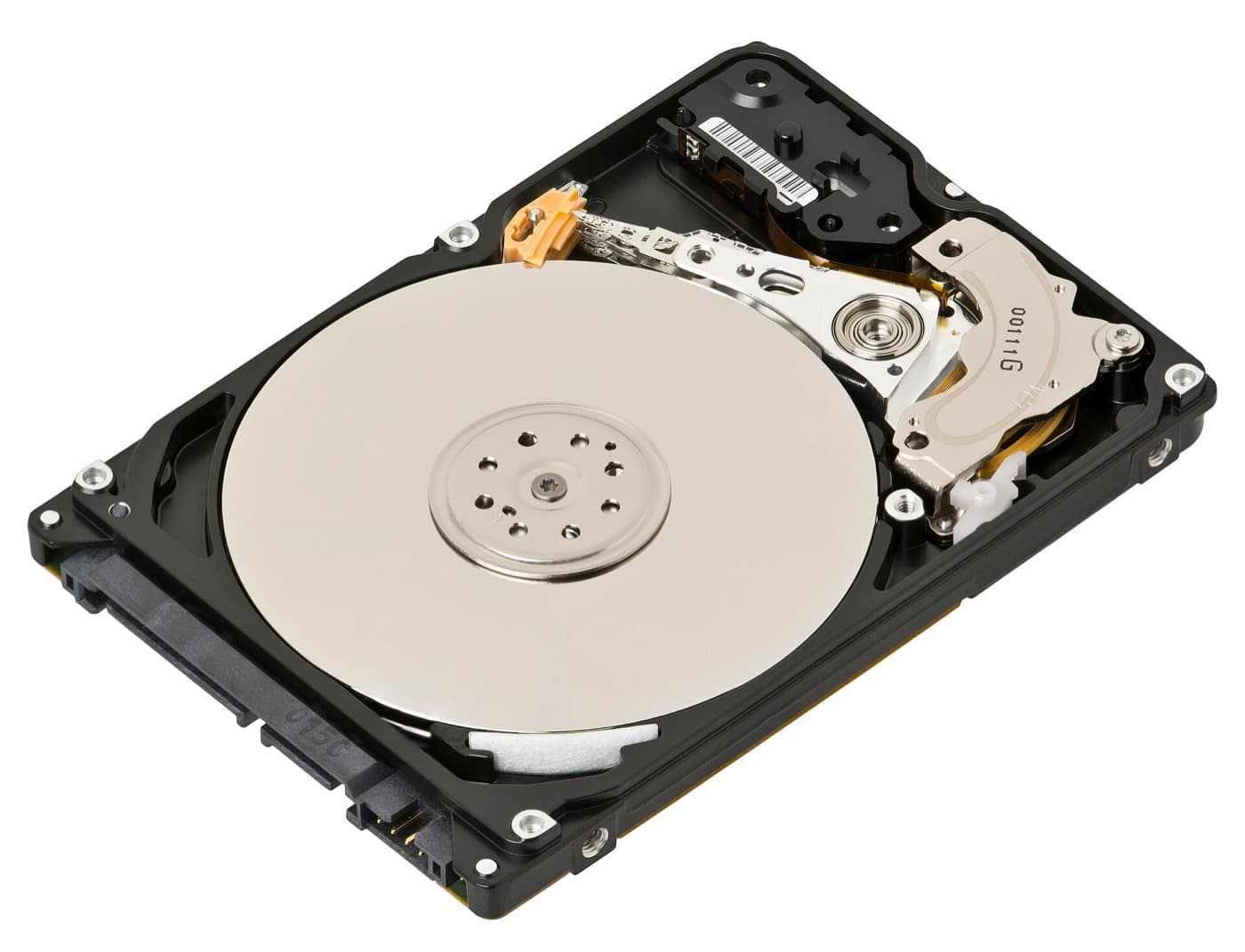A hard drive, opened: a mirror that remembers. Billions of bits on spinning glass.