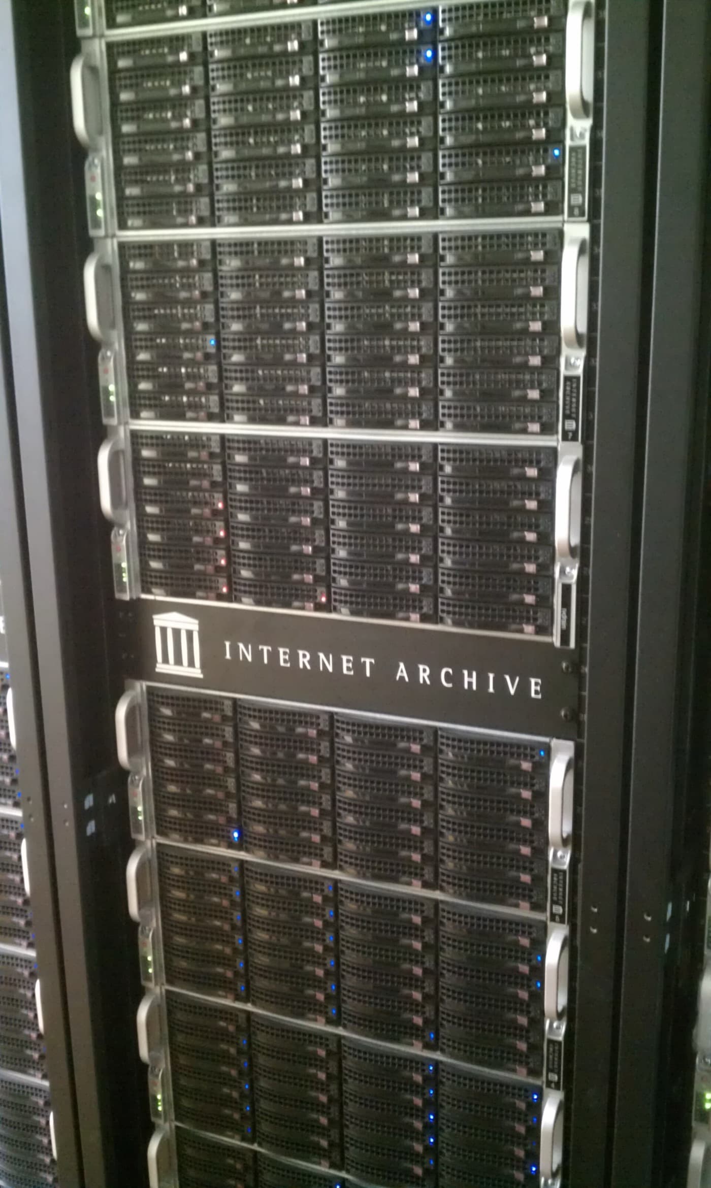A rack at the Internet Archive, San Francisco. The library, now servers.