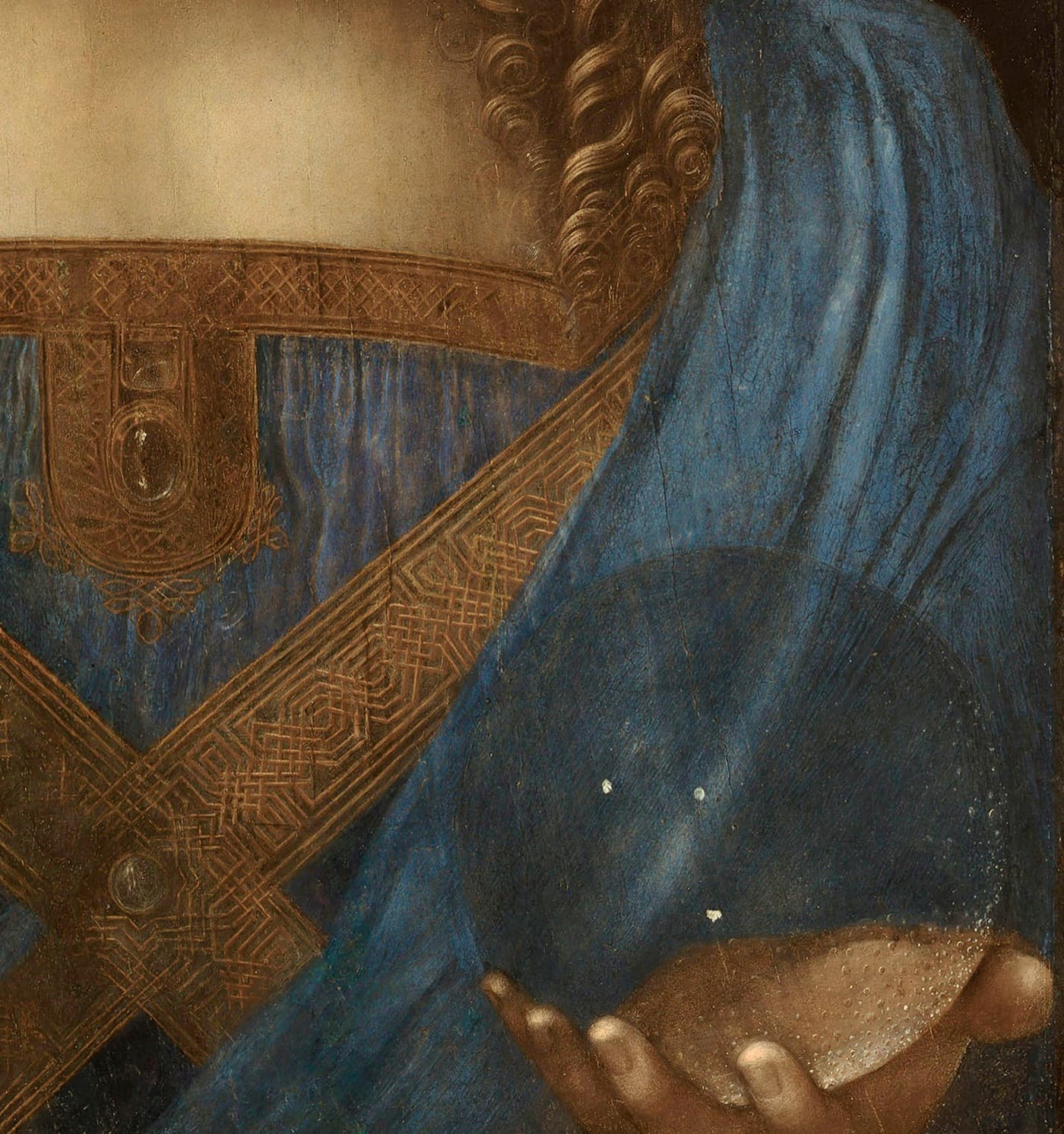 Leonardo, Salvator Mundi (detail), c. 1500. The world held in crystal — three inclusions painted true.